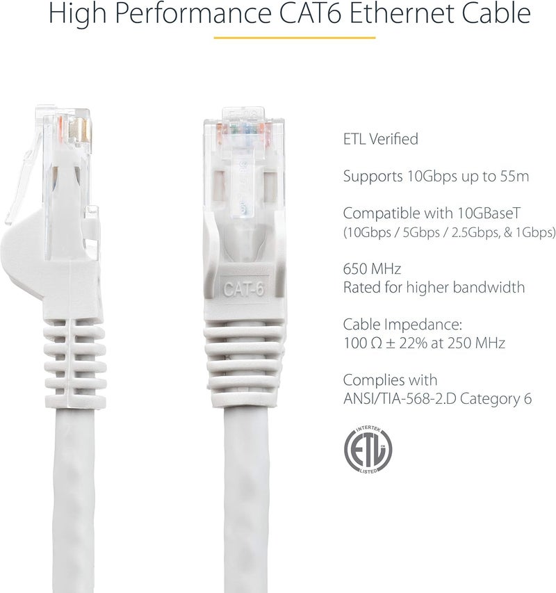 ستار تك كابل إيثرنت .com من نوع CAT6 بطول 7 متر - أبيض، سرعة نقل بيانات 1 جيجابت، تردد 650 ميغاهرتز، قدرة تزويد طاقة 100 واط عبر تقنية PoE++، موصل RJ45 من نوع UTP، مزود بحماية ضد الخيوط المتشابكة، مصمم لتجنب التلف، مختبر من قبل شركة Fluke، ومعتمد وفقًا لمعايير UL/TIA (N6PATC7MWH). - Image 2