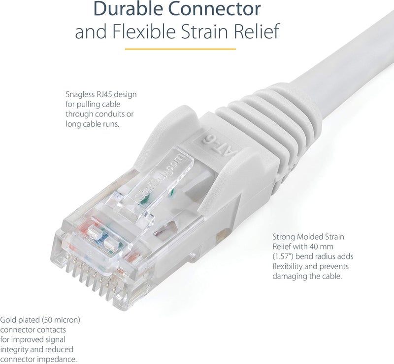 ستار تك كابل إيثرنت .com من نوع CAT6 بطول 7 متر - أبيض، سرعة نقل بيانات 1 جيجابت، تردد 650 ميغاهرتز، قدرة تزويد طاقة 100 واط عبر تقنية PoE++، موصل RJ45 من نوع UTP، مزود بحماية ضد الخيوط المتشابكة، مصمم لتجنب التلف، مختبر من قبل شركة Fluke، ومعتمد وفقًا لمعايير UL/TIA (N6PATC7MWH). - Image 3