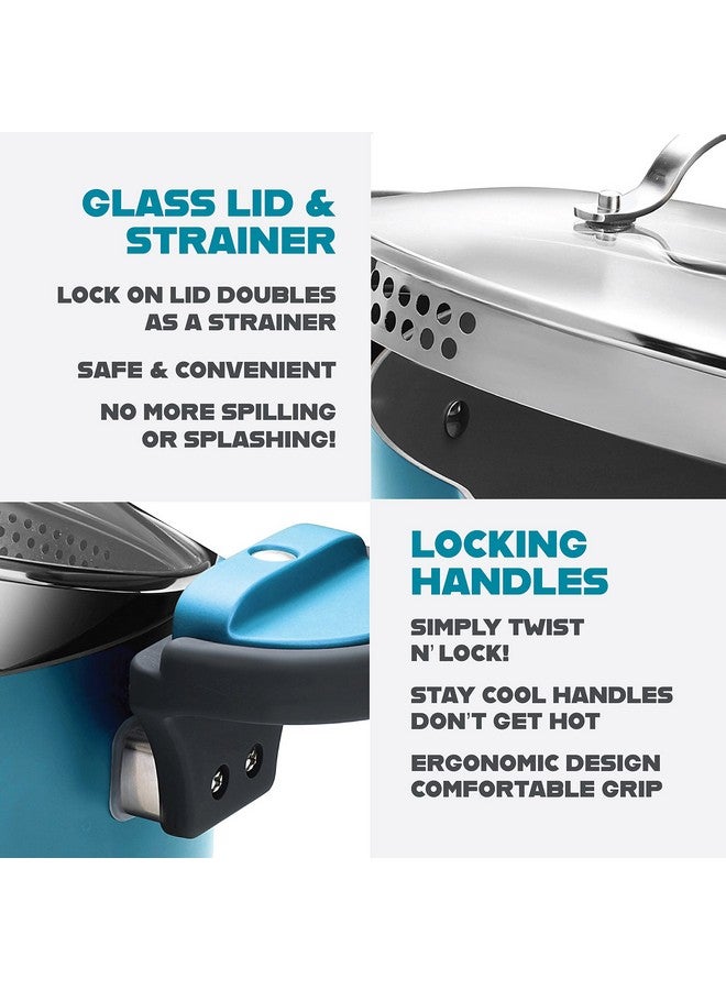 جوثام ستيل وعاء معكرونة متعدد الأغراض من Gotham Steel سعة 5 كوارت مع غطاء مصفاة ومقابض ملتوية وقفل، وعاء طهي غير لاصق + أواني مصفاة معكرونة مع غطاء، وعاء معكرونة، آمن للاستخدام في غسالة الأطباق - أزرق مائي - Image 3