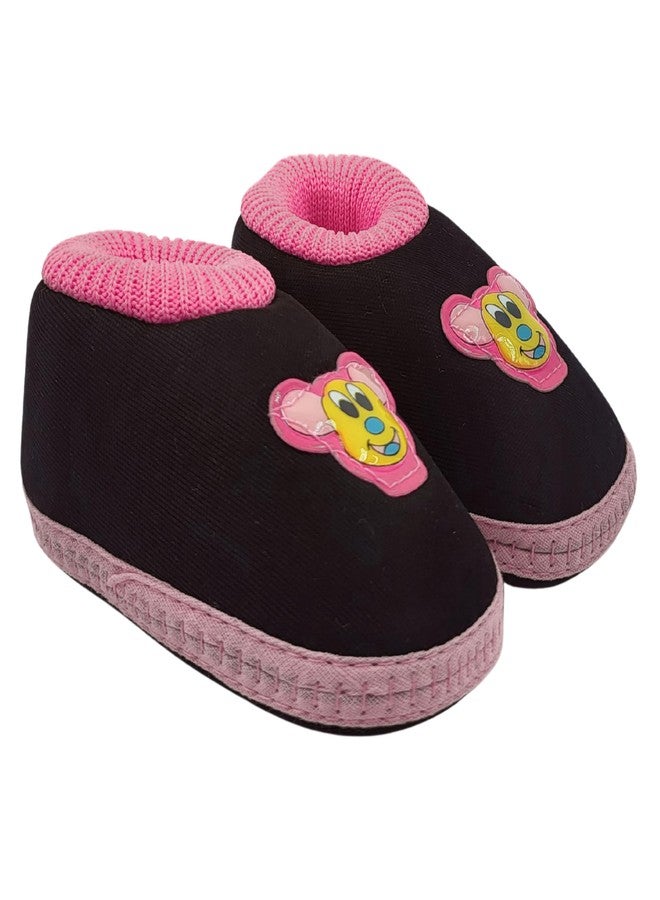 PureSole Cotton Baby Booties 9-12 Months | Breathable Slip on Infant Bootie Socks | Soft & Flexible Sole | Winter Shoes for Baby Girl | Indoor & Casual Wear (Black/Pink) - Image 1