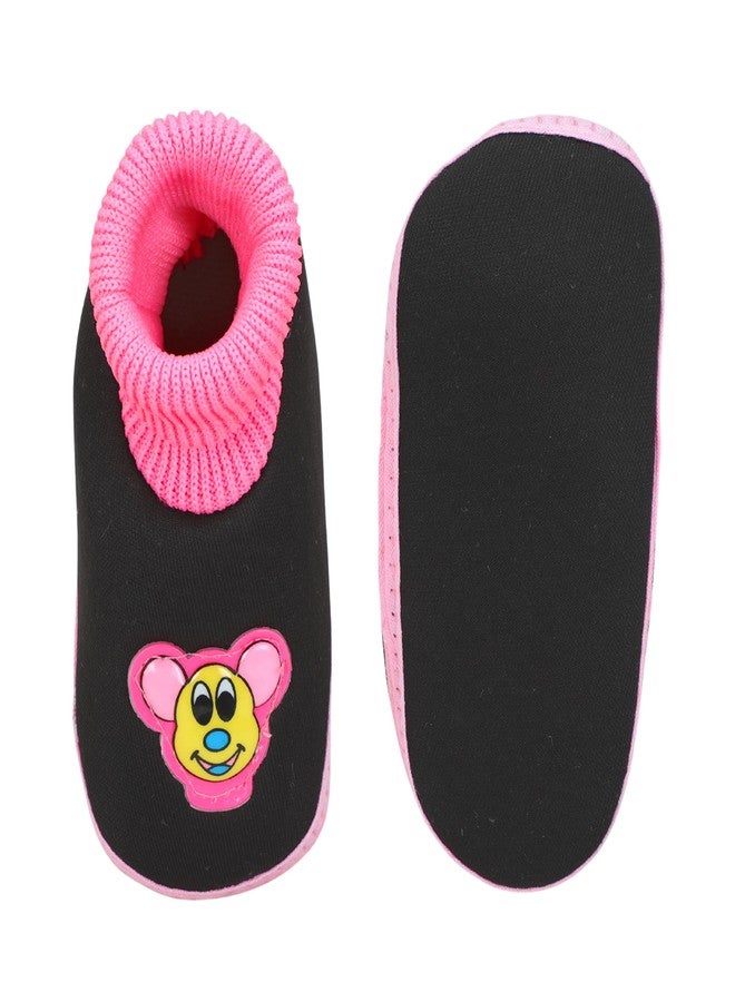 PureSole Cotton Baby Booties 9-12 Months | Breathable Slip on Infant Bootie Socks | Soft & Flexible Sole | Winter Shoes for Baby Girl | Indoor & Casual Wear (Black/Pink) - Image 2