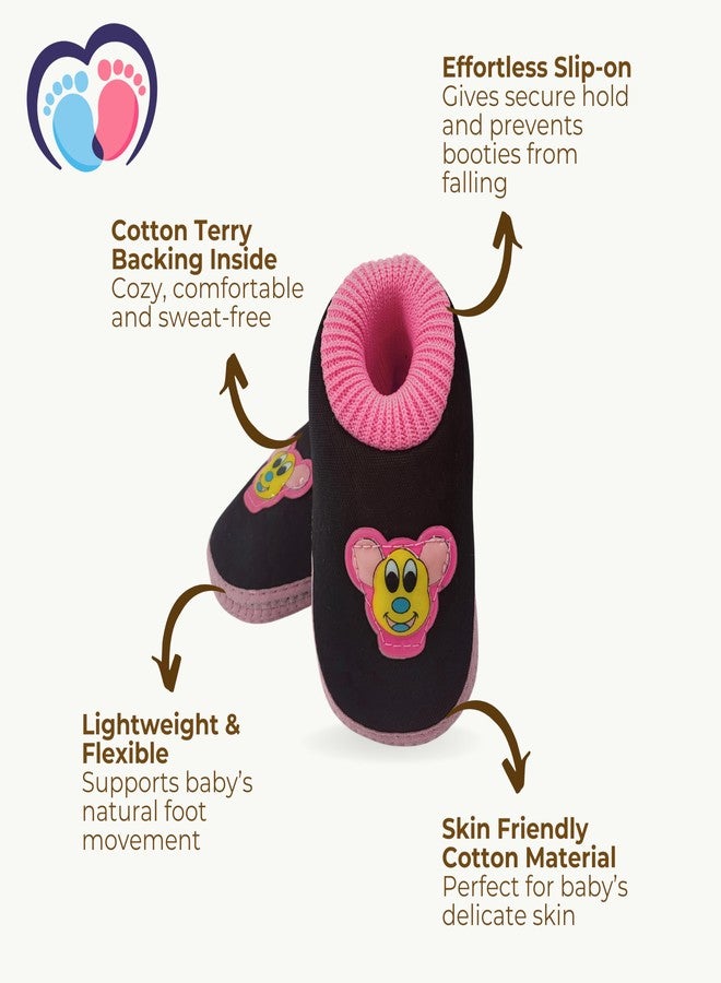 PureSole Cotton Baby Booties 9-12 Months | Breathable Slip on Infant Bootie Socks | Soft & Flexible Sole | Winter Shoes for Baby Girl | Indoor & Casual Wear (Black/Pink) - Image 4