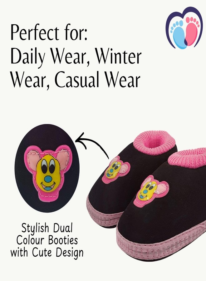PureSole Cotton Baby Booties 9-12 Months | Breathable Slip on Infant Bootie Socks | Soft & Flexible Sole | Winter Shoes for Baby Girl | Indoor & Casual Wear (Black/Pink) - Image 5