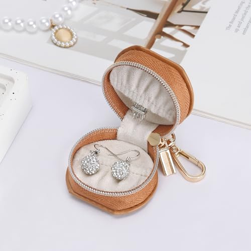 KUKUVR Jewelry Ring Holder Storage Box with Keychain, Portable Gym Jewelry Storage Case, Small Travel Ring Earring Stud Necklace Storage Case for Women Girl (Brown) - Image 5
