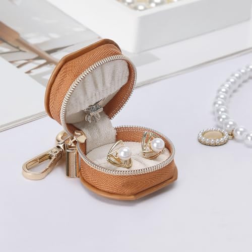KUKUVR Jewelry Ring Holder Storage Box with Keychain, Portable Gym Jewelry Storage Case, Small Travel Ring Earring Stud Necklace Storage Case for Women Girl (Brown) - Image 4