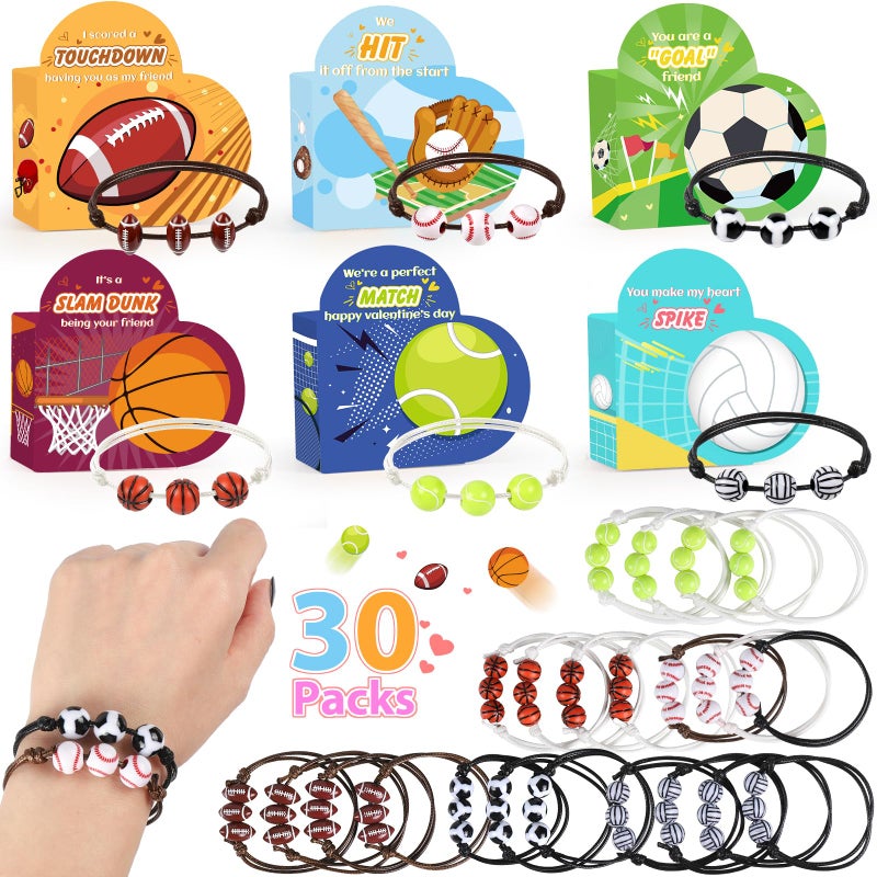 FUSPWEAO Valentines Day Gifts For Kids - 30 Pack Valentines Day Cards For Kids School Classroom Heart Boxes With Sports Party Favors Bracelets  Valentines Party Favors For Kids Exchange  Games Prize Rewards - Image 1