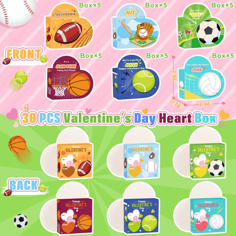 FUSPWEAO Valentines Day Gifts For Kids - 30 Pack Valentines Day Cards For Kids School Classroom Heart Boxes With Sports Party Favors Bracelets  Valentines Party Favors For Kids Exchange  Games Prize Rewards - Image 3