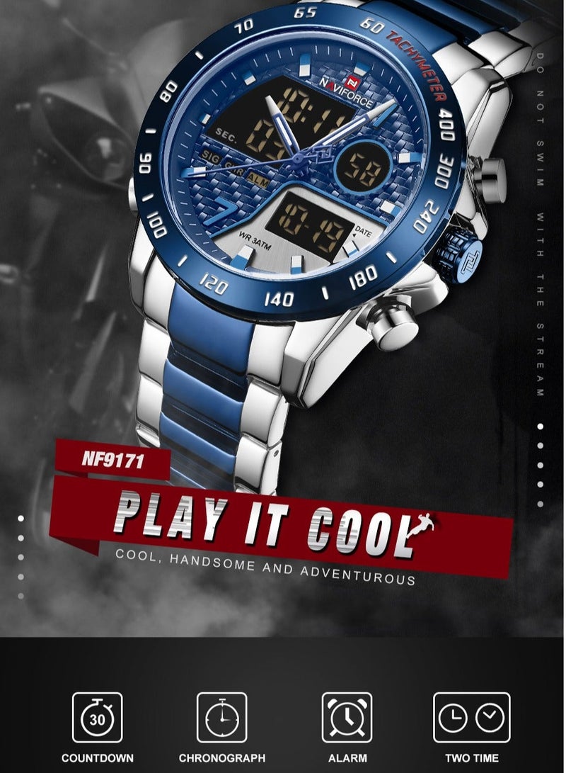 نافيفورس ساعة يد رجالية فاخرة ماركة عسكرية رقمية رياضية للرجال بسوار من الفولاذ ساعة كوارتز متعددة الوظائف للرجال NF9171 - Image 4