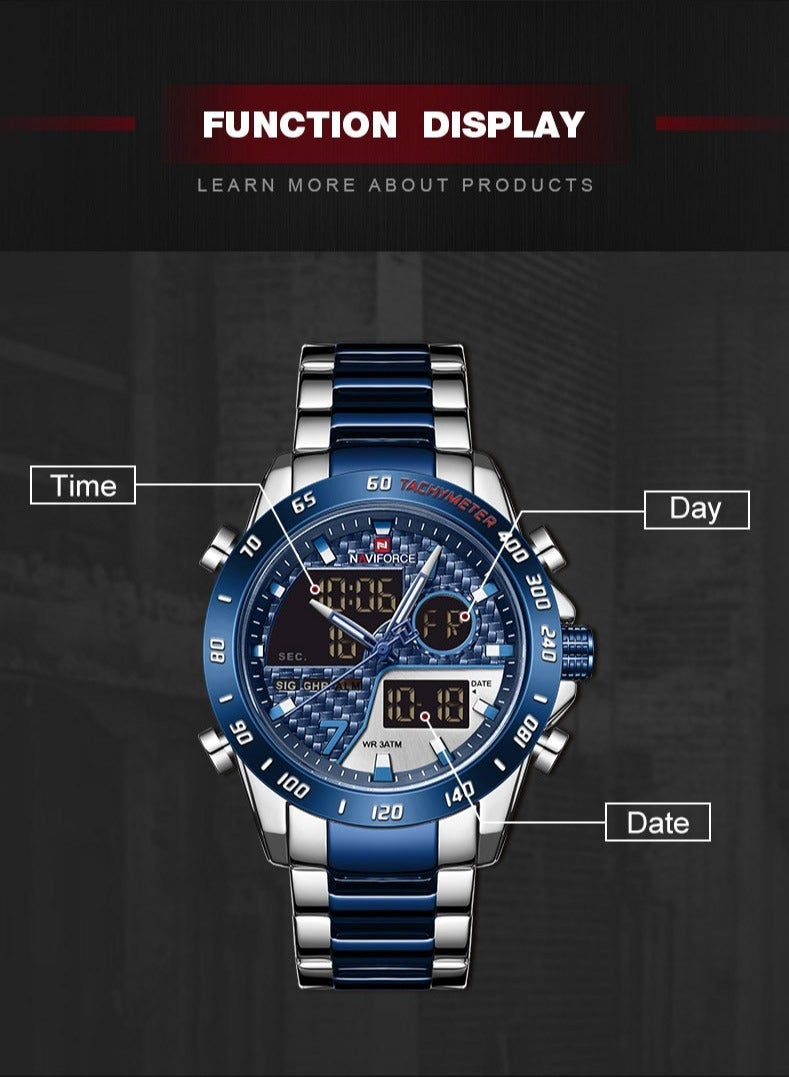 نافيفورس ساعة يد رجالية فاخرة ماركة عسكرية رقمية رياضية للرجال بسوار من الفولاذ ساعة كوارتز متعددة الوظائف للرجال NF9171 - Image 5
