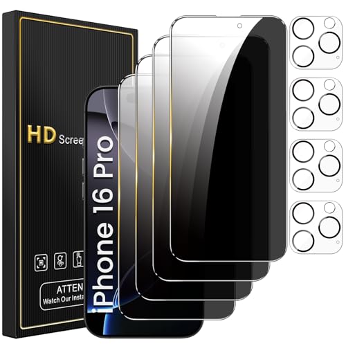 Romkasi 4 Pack Privacy Screen Protector for iPhone 16 Pro 63 Inch with 4 Pack Camera Lens Protector Anti Spy Tempered Glass Film AntiScratch Touch Sensitive Case Friendly - Image 1