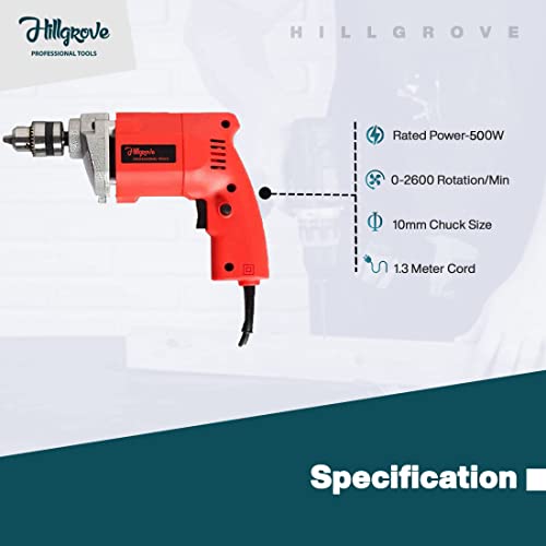 Hillgrove HGCM1106M1 500W Power Drill Machine with 5Pcs Wood Bits and 6Pcs Hole Saw Drill Bits for Making Holes in Metal/Wood/Concrete Pistol Grip Drill (10 mm Chuck Size) - Image 3
