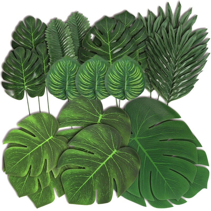 LOMIRO 78 Pieces 7 Kinds Artificial Tropical Leaf Jungle Leaves Plant Safari Leaves Decorations for Hawaiian Party Decorations Beach Birthday Luau Party Decorations - Image 1