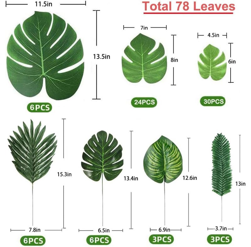 LOMIRO 78 Pieces 7 Kinds Artificial Tropical Leaf Jungle Leaves Plant Safari Leaves Decorations for Hawaiian Party Decorations Beach Birthday Luau Party Decorations - Image 2