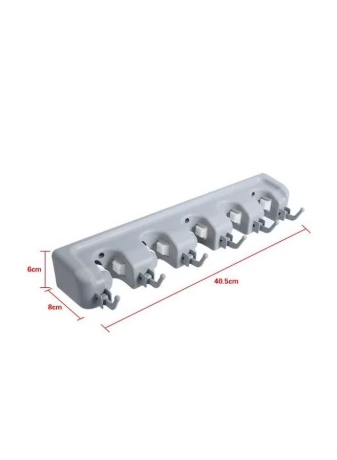 Wall Mounted Mop and Broom Holder Organizer with 5 Slots and 6 Hooks, Grey - Image 2