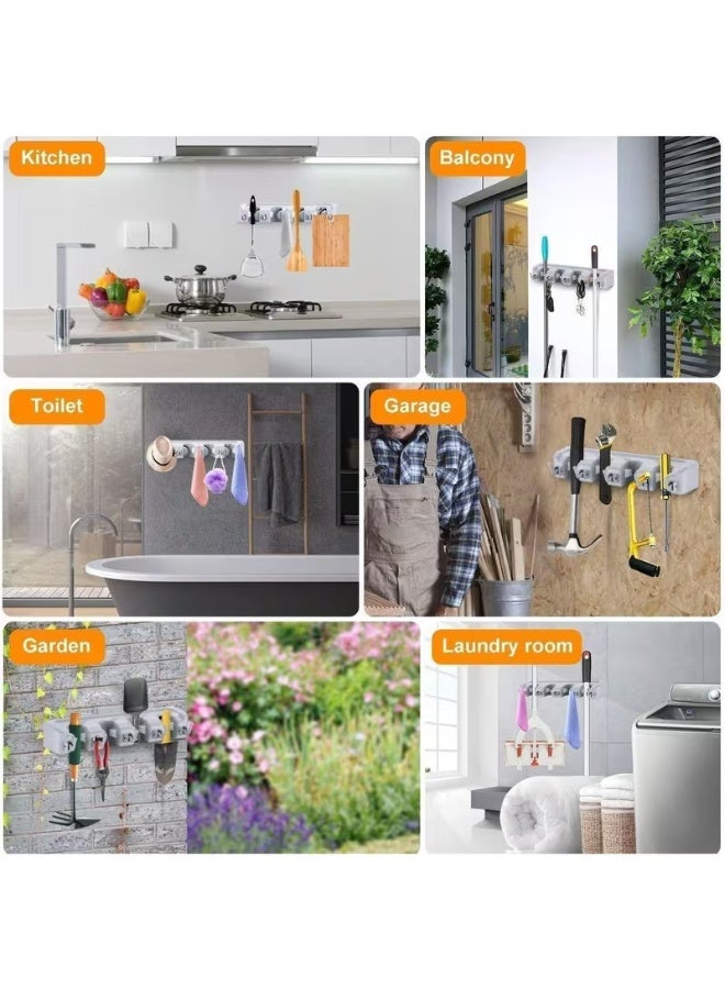 Wall Mounted Mop and Broom Holder Organizer with 5 Slots and 6 Hooks, Grey - Image 5