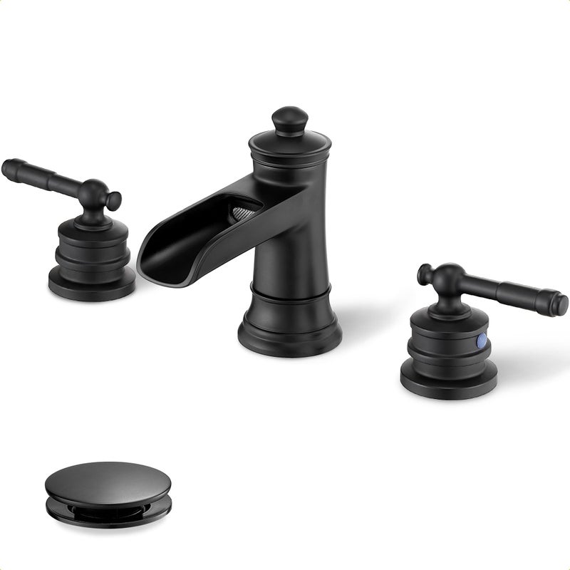 Hoigy Black Waterfall Bathroom Faucet Widespread  Brass Bathroom Faucets For Sink 3 Hole  4-16 Inch Faucet Bathroom Vanity Faucet With 2 Handles Supply Hoses & Pop-Up Drain For Modern Farmhouse - Image 1