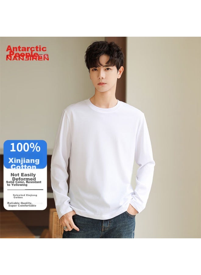 Nanjiren Long-sleeve T-shirt For Men, Undershirt, Solid Color, Inner Layer, Round Neck, Loose Fit, Pure Cotton, White, 3XL - Image 2