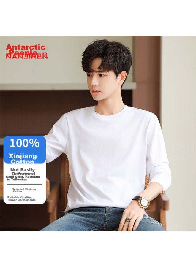 Nanjiren Long-sleeve T-shirt For Men, Undershirt, Solid Color, Inner Layer, Round Neck, Loose Fit, Pure Cotton, White, 3XL - Image 3