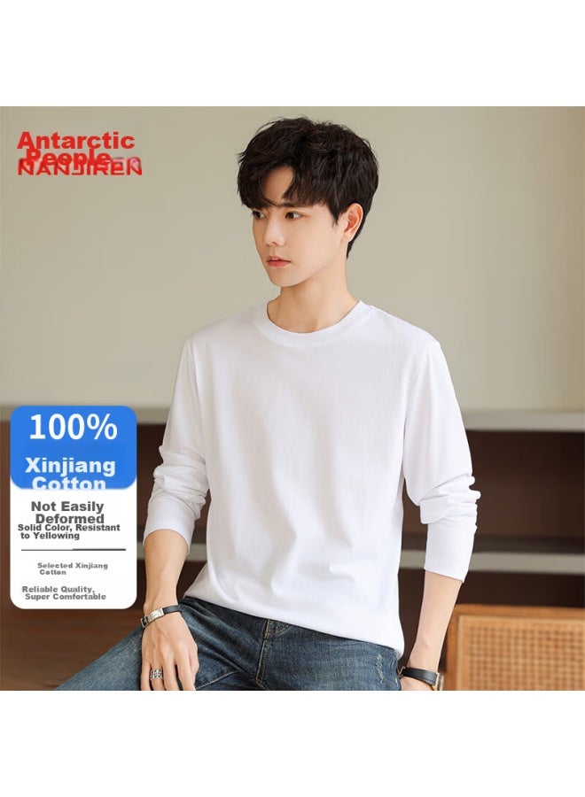 Nanjiren Long-sleeve T-shirt For Men, Undershirt, Solid Color, Inner Layer, Round Neck, Loose Fit, Pure Cotton, White, 3XL - Image 1
