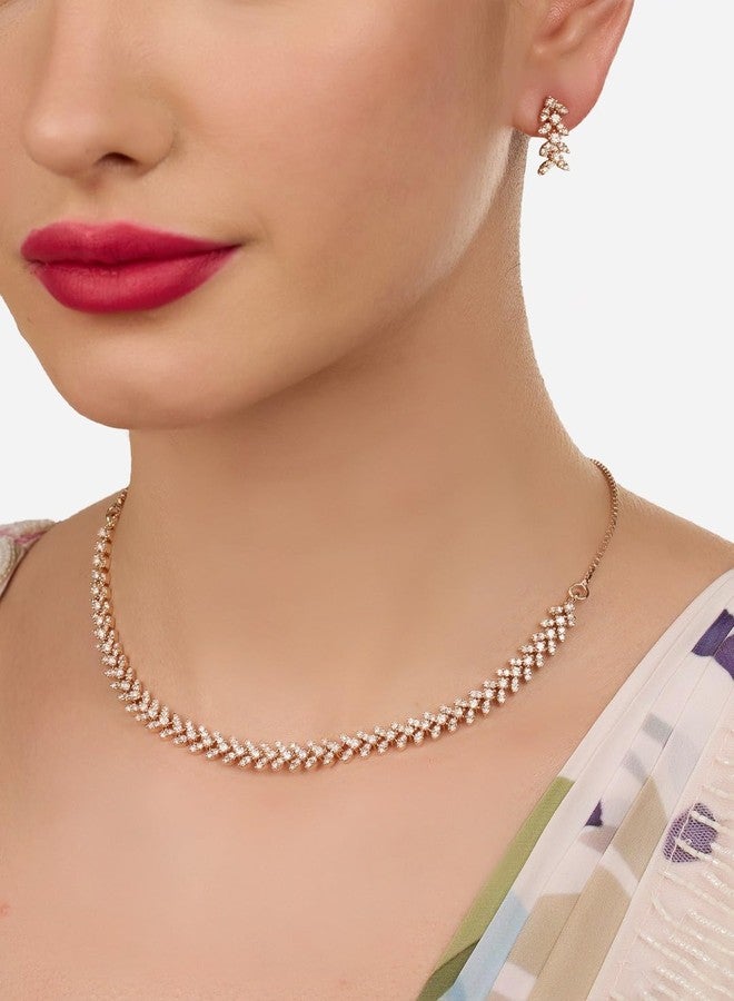 Ami Rose Gold Tone Dazzling Cubic Zirconia Contemporary Brass Necklace and Earring Set For Women-ZPFK20732 - Image 3