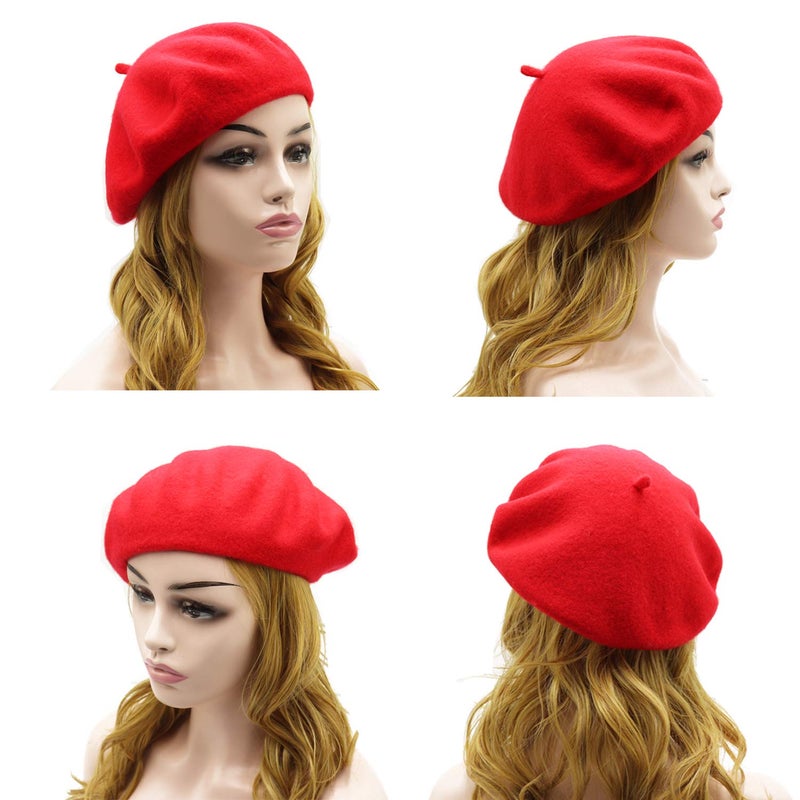 Wheebo Wool Beret Hat,Solid Color French Style Winter Warm Cap for Women Girls(Red) - Image 3