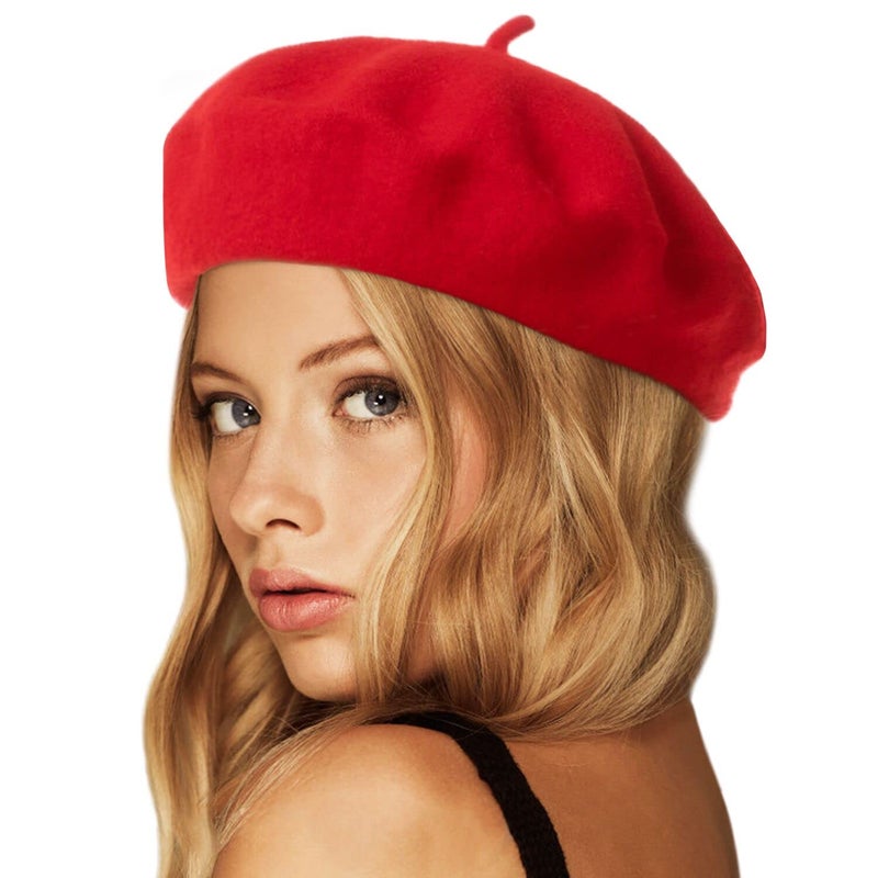 Wheebo Wool Beret Hat,Solid Color French Style Winter Warm Cap for Women Girls(Red) - Image 1