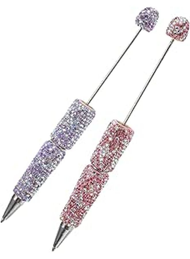 2Pcs Beadable Ballpoint Pens with Blue Beads Smooth Writing for Students and Office Use - Image 1