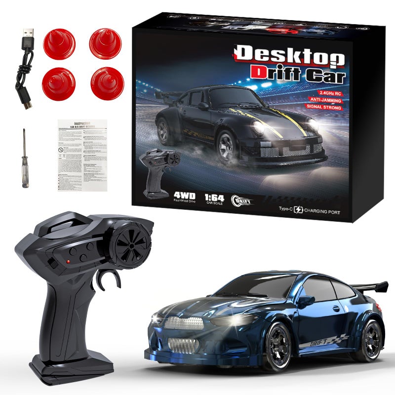 Hylukon 164 Scale Mini RC Drift Car 24GHz 4WD Full Proportional Model Vehicle with LED Lights Racing Sport Toy for Adults Teens Blue - Image 3