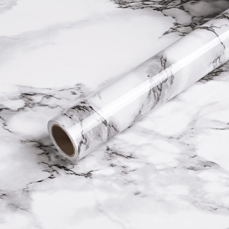 Caltero Marble Contact Paper 24 x 394 Black White Grey Marble Wallpaper Peel and Stick Glossy Marble Contact Paper Self Adhesive Contact Paper for Countertop Kitchen Cabinets Bathroom