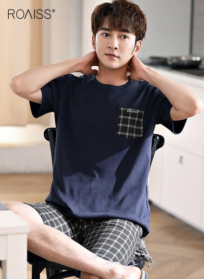 رويس طقم بيجامة صيفي للرجال مكون من قطعتين، طقم ملابس منزلية ناعم بنقشة مربعة يتألف من قميص بأكمام قصيرة وشورت بخصر مطاطي، بيجامة نوم مريحة على البشرة ومبردة للرجال، مثالية للنوم أو الاسترخاء في المنزل - Image 2