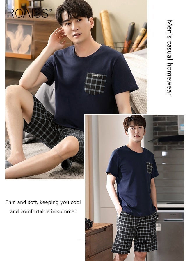 رويس طقم بيجامة صيفي للرجال مكون من قطعتين، طقم ملابس منزلية ناعم بنقشة مربعة يتألف من قميص بأكمام قصيرة وشورت بخصر مطاطي، بيجامة نوم مريحة على البشرة ومبردة للرجال، مثالية للنوم أو الاسترخاء في المنزل - Image 5