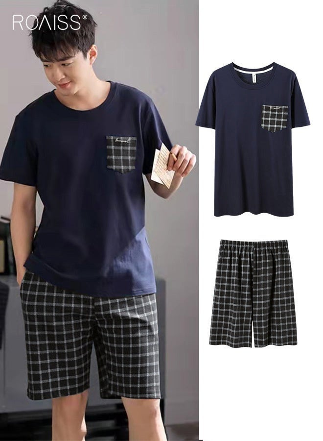 رويس طقم بيجامة صيفي للرجال مكون من قطعتين، طقم ملابس منزلية ناعم بنقشة مربعة يتألف من قميص بأكمام قصيرة وشورت بخصر مطاطي، بيجامة نوم مريحة على البشرة ومبردة للرجال، مثالية للنوم أو الاسترخاء في المنزل - Image 1