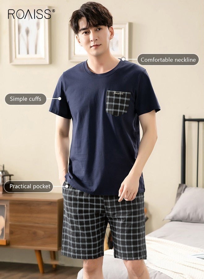رويس طقم بيجامة صيفي للرجال مكون من قطعتين، طقم ملابس منزلية ناعم بنقشة مربعة يتألف من قميص بأكمام قصيرة وشورت بخصر مطاطي، بيجامة نوم مريحة على البشرة ومبردة للرجال، مثالية للنوم أو الاسترخاء في المنزل - Image 4