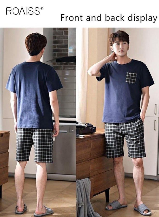 رويس طقم بيجامة صيفي للرجال مكون من قطعتين، طقم ملابس منزلية ناعم بنقشة مربعة يتألف من قميص بأكمام قصيرة وشورت بخصر مطاطي، بيجامة نوم مريحة على البشرة ومبردة للرجال، مثالية للنوم أو الاسترخاء في المنزل - Image 3