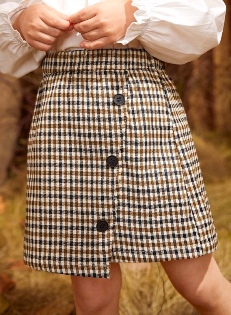 Shein Young Girl Plaid Button Front Asymmetrical Hem Skirt - Image 1
