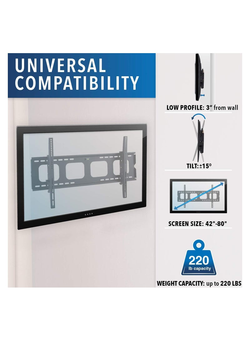ELTERAZONE Large Tilting TV Wall Mount Bracket | 42 43 50 55 58 65 70 75 80 Inch | 220 Pound Capacity | VESA Compatible | Low Profile | Flat Screens - Image 2