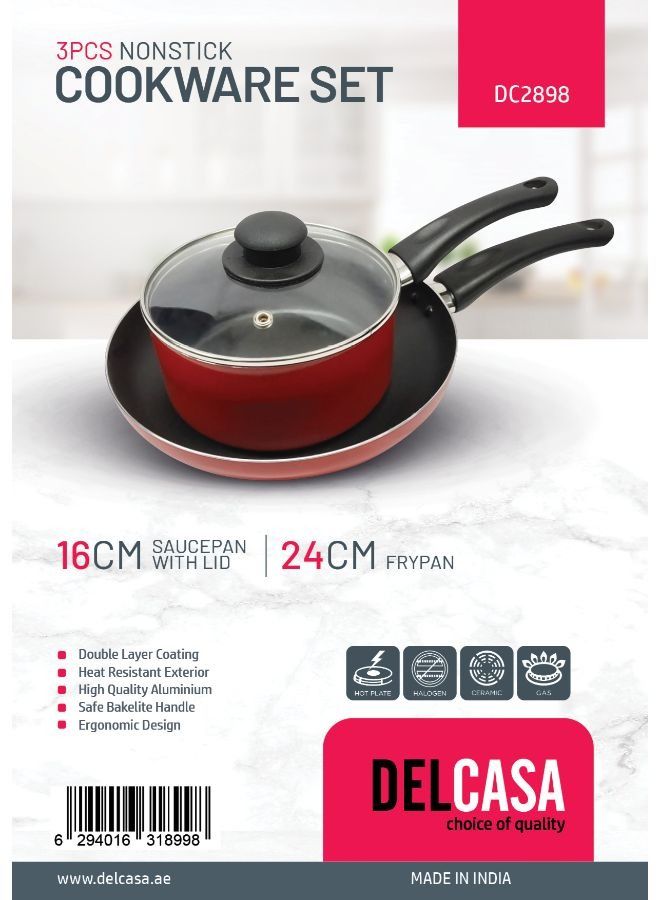 DELCASA 3 Piece Nonstick Cookware Set Red - Image 2