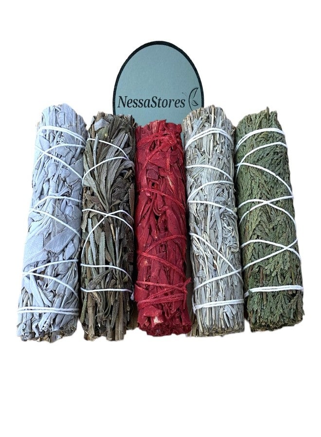 NessaStores 5 pcs Smudge Stick Sampler 1 Kit of White Sage, Black Sage, White Sage Dragon's Blood, Blue Sage, & Cedar - 4 Inch Hand Tied, All Natural, Ethically Sourced for Home Cleansing JC-209 - Image 1