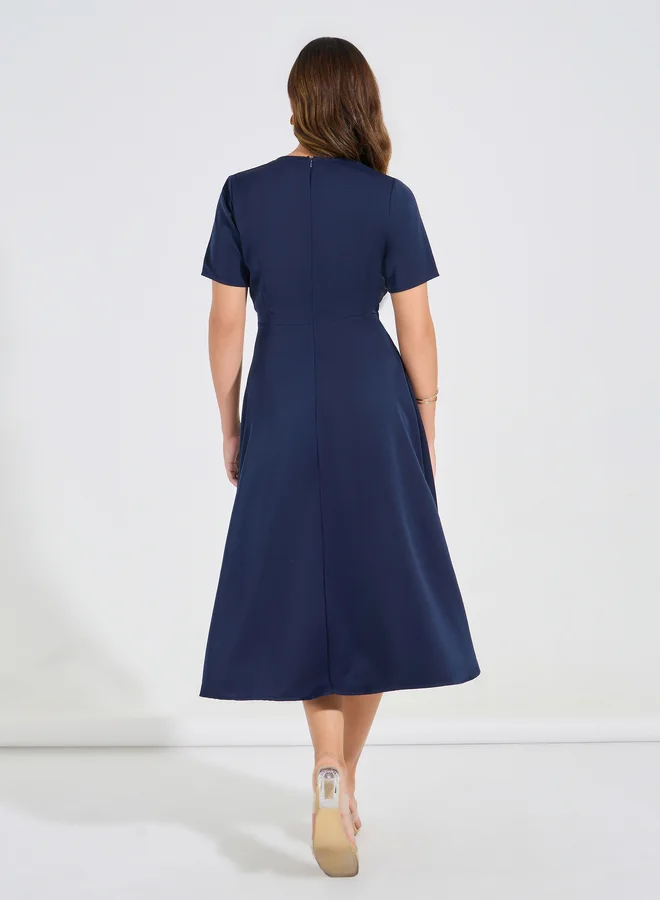 Take Two Take Two Solid V Neck Midi Dress with Buckle Detail