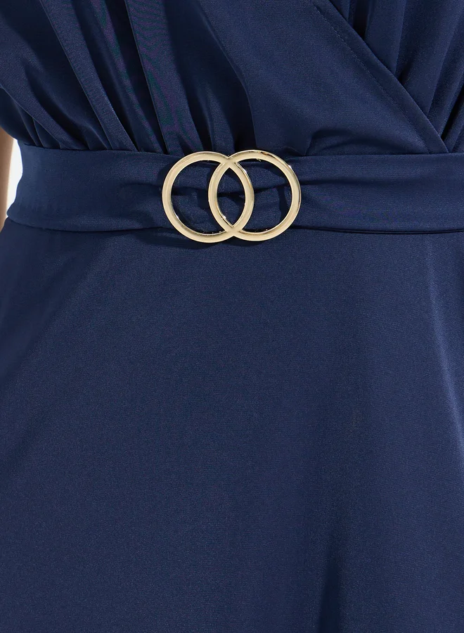 Take Two Take Two Solid V Neck Midi Dress with Buckle Detail