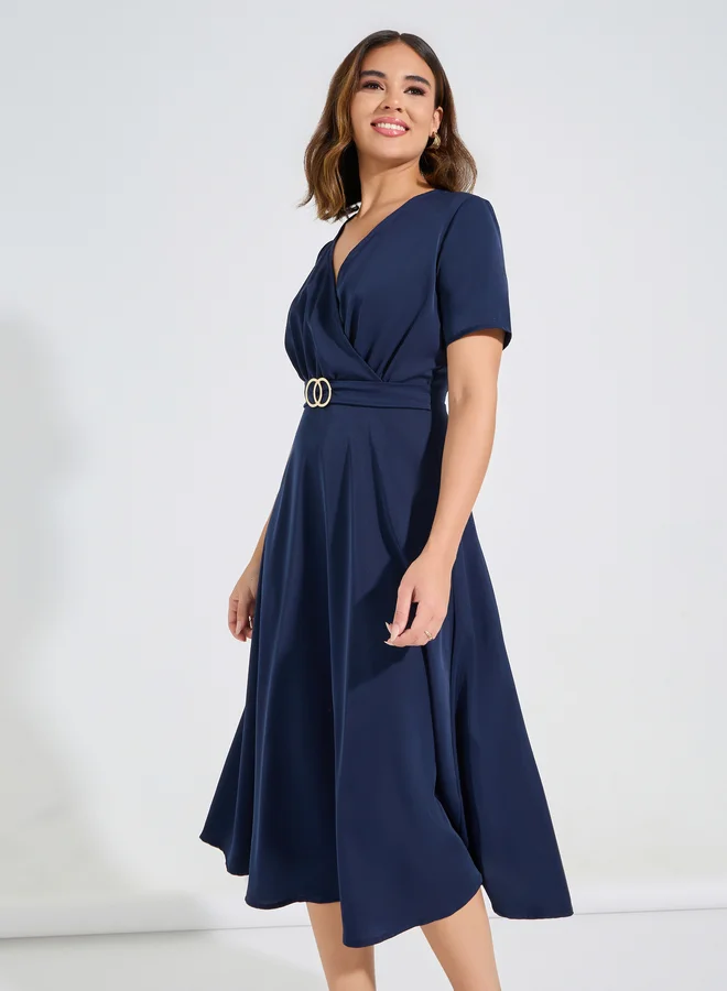 Take Two Take Two Solid V Neck Midi Dress with Buckle Detail