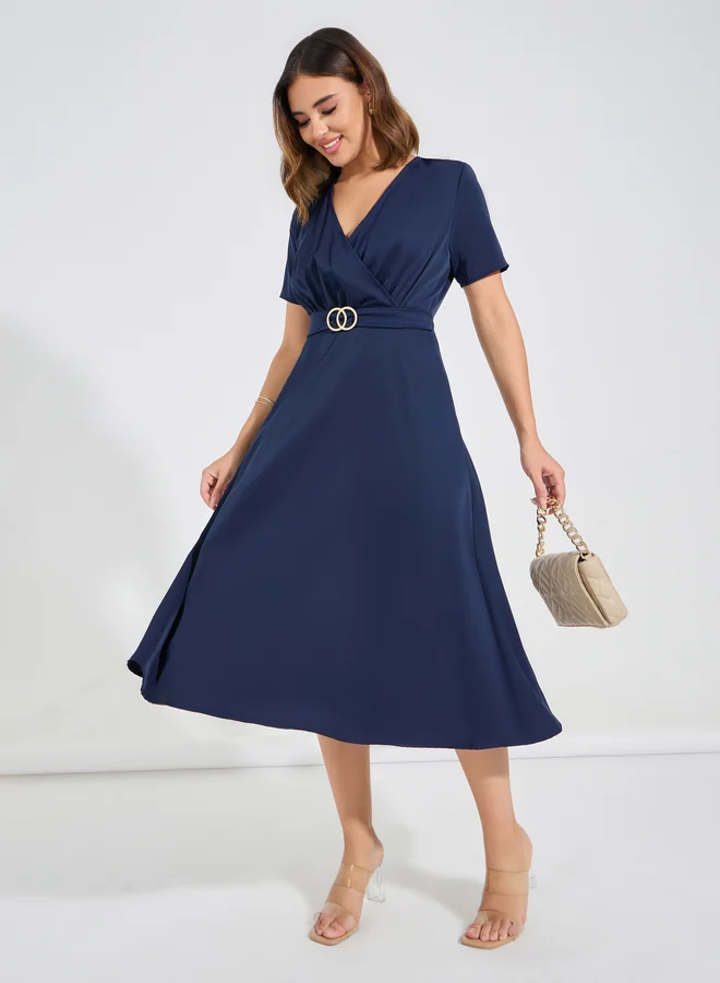 Take Two Take Two Solid V Neck Midi Dress with Buckle Detail