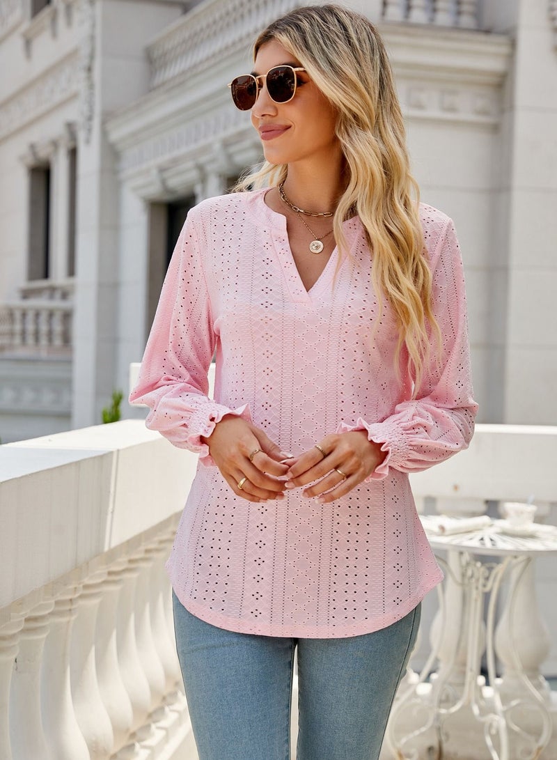 Loquat New Solid Color Hollowed Out Pleated Lotus Sleeve V-neck Loose Sleeved Shirt  - Image 1