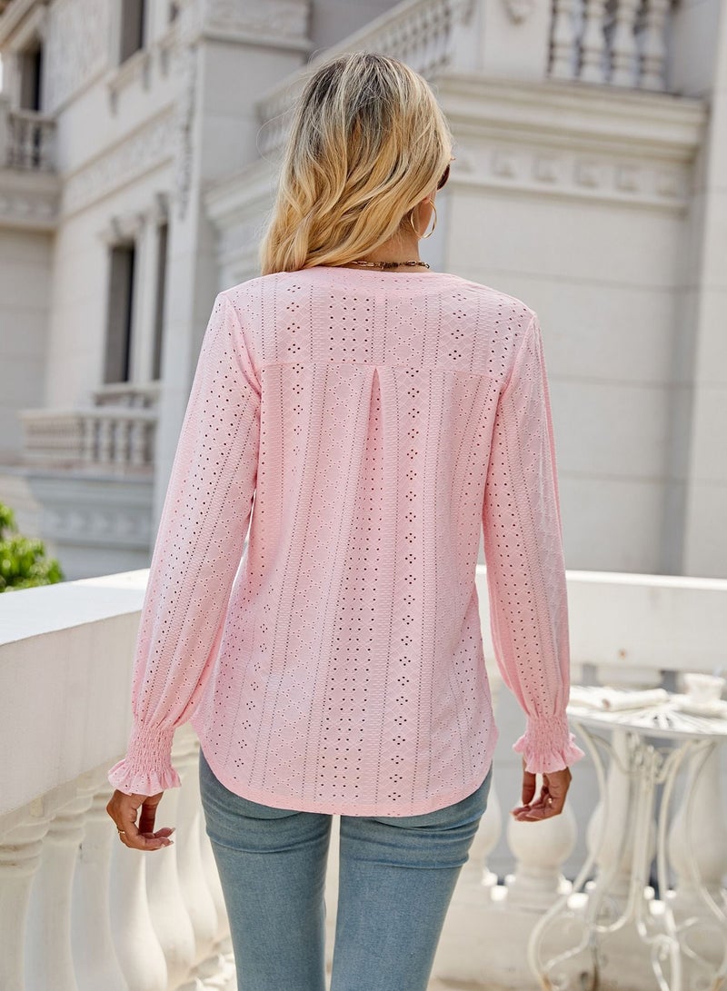 Loquat New Solid Color Hollowed Out Pleated Lotus Sleeve V-neck Loose Sleeved Shirt  - Image 2
