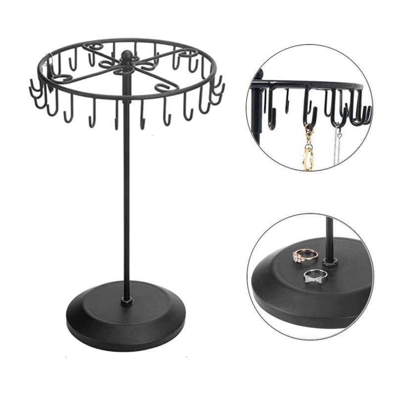 Qaeoity Rotating Necklace Holder Jewelry Organizer Display Stand 14-Inch with 23 Hooks Black, short-black, 8.27*5.9*13.8inch (HS01) - Image 5