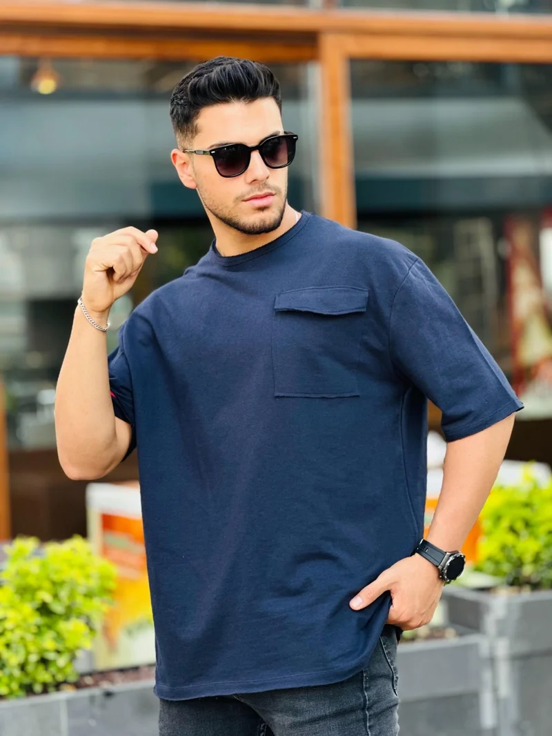 Miron Navy Blue Pocket Two Thread Oversize Short Sleeve T-Shirt