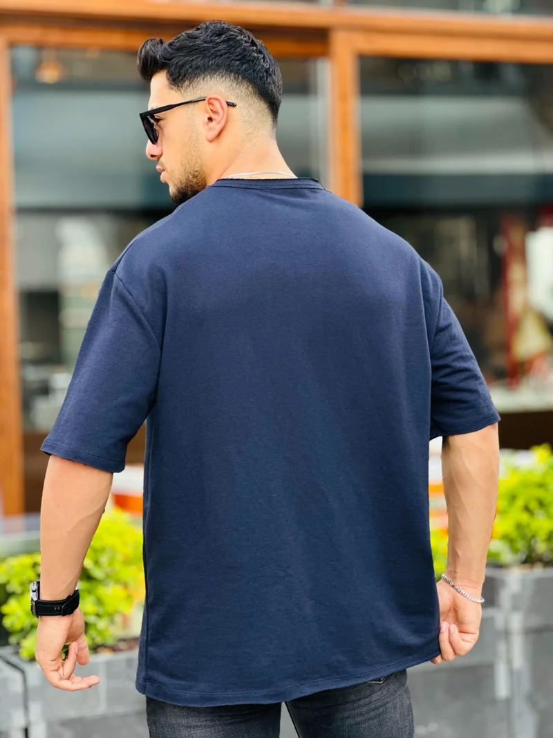 Miron Navy Blue Pocket Two Thread Oversize Short Sleeve T-Shirt