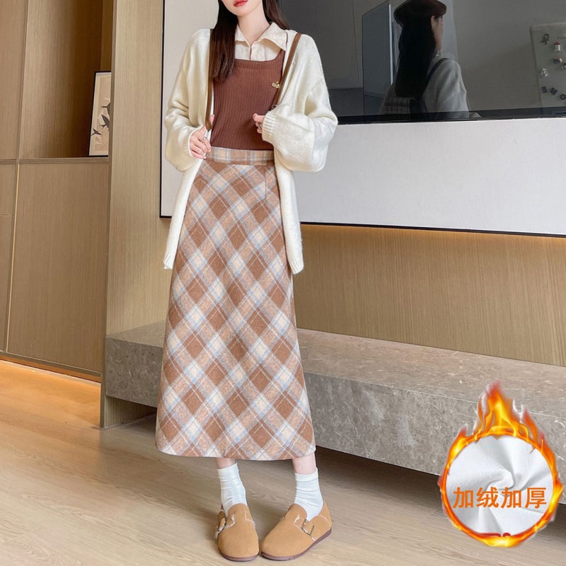 Woolen Hip Skirt Autumn and Winter New Arrival Long Skirt Womens All-Match High Waist Slimming Ace Retro Twill Plaid Skirt Khaki [velvet style] - Image 1