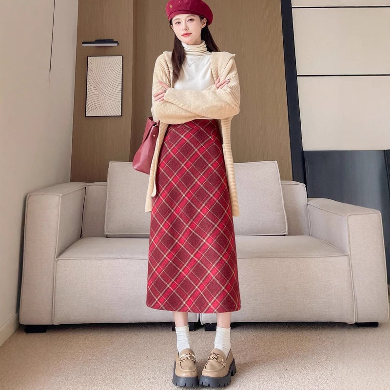 Woolen Hip Skirt Autumn and Winter New Arrival Long Skirt Womens All-Match High Waist Slimming Ace Retro Twill Plaid Skirt Khaki [velvet style] - Image 5