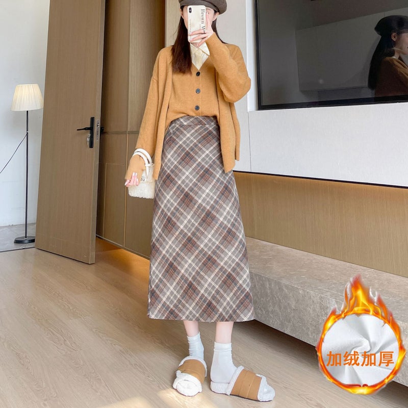 Woolen Hip Skirt Autumn and Winter New Arrival Long Skirt Womens All-Match High Waist Slimming Ace Retro Twill Plaid Skirt Khaki [velvet style] - Image 3